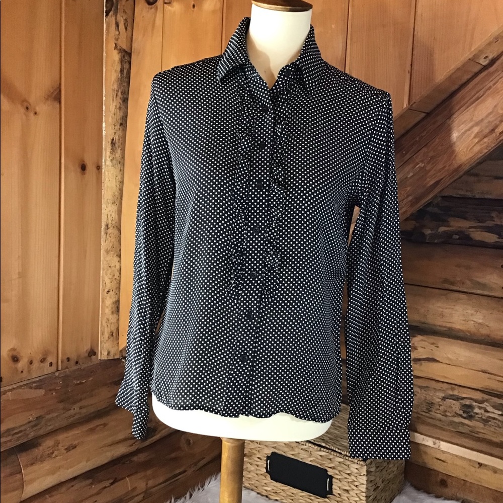 100% Silk, polka dot button down w/ruffle- Size 8